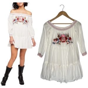 Free People Dress Womens XS Sunbeams Mini Embroidered Smocked Neck Sleeves White